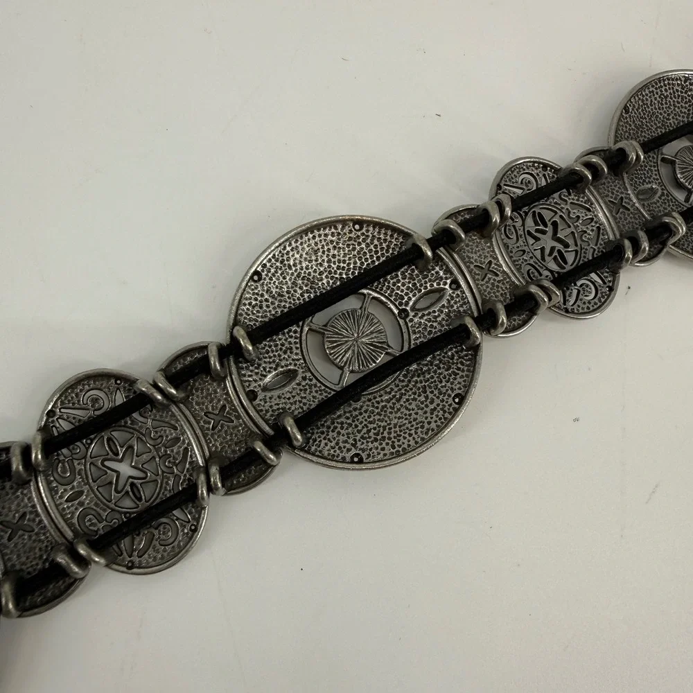 Vintage Y2K Silver Tone Concho Belt Black‎ Rhinestone Boho Western Festival 37